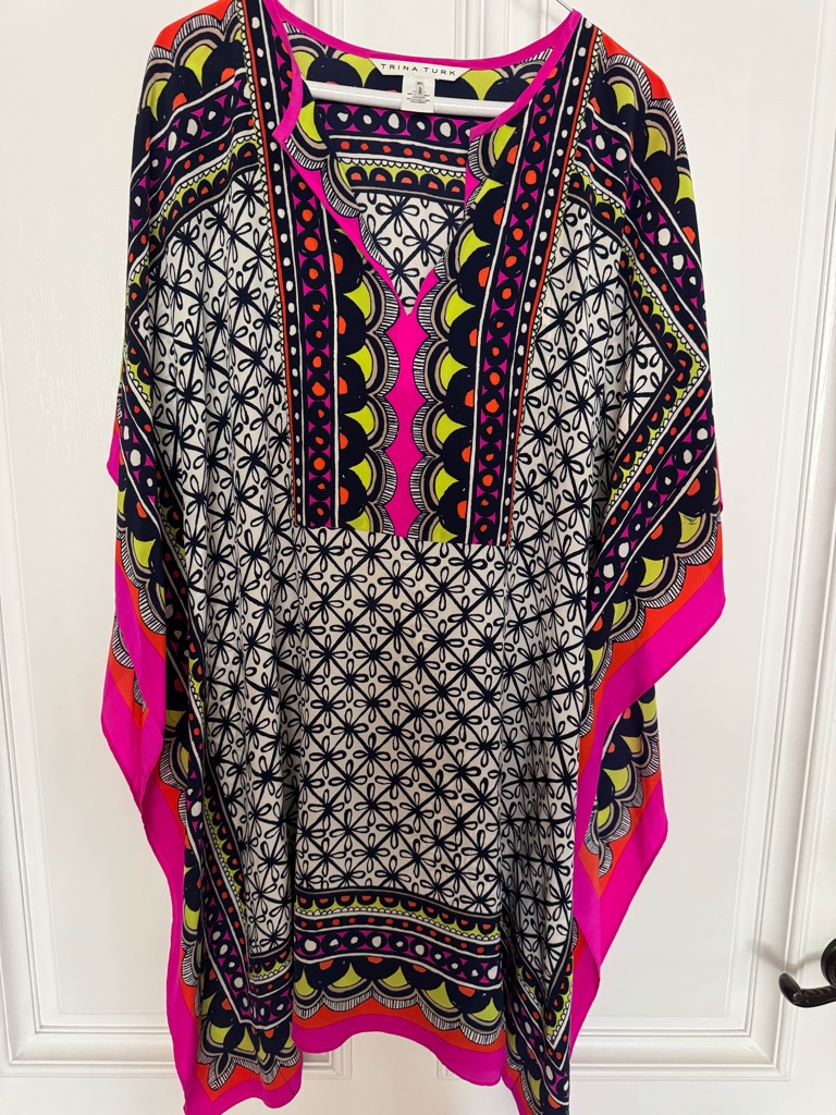 Trina Turk Neon Pink Trim Navy & Lime Patterned Tunic